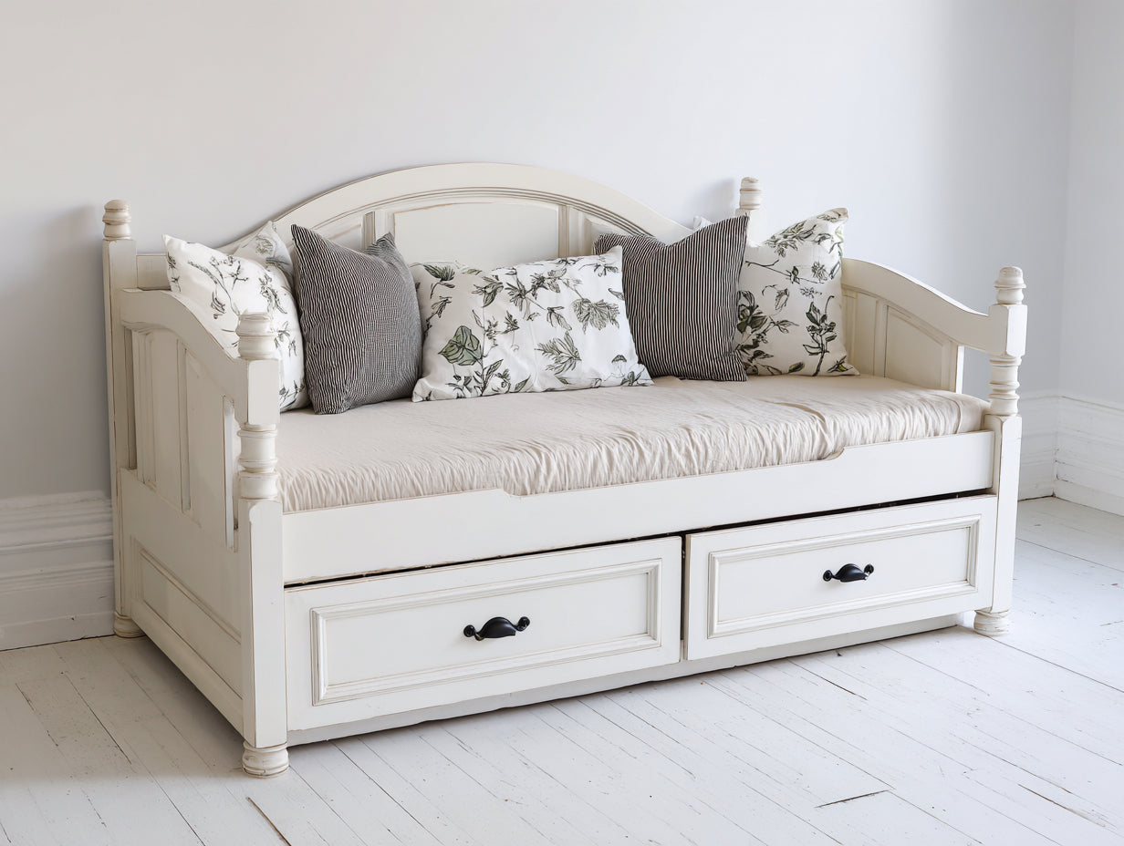 Divano letto - Legno-Tessuto - Lunghezza 210 cm x larghezza 100 cm x altezza 110 cm - Bianco - Stile classico