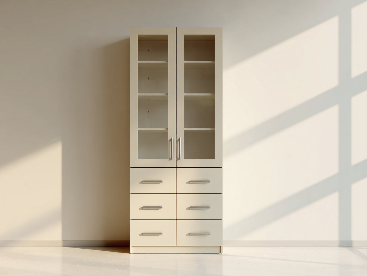 Vetrina - Legno-Vetro-Metallo - 80 x 40 x 195 cm - Beige-Argento - Stile moderno