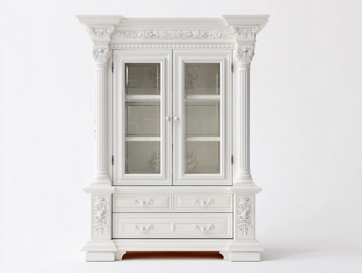 Vetrina-Legno-Vetro-140x50x210 cm-Bianco-Stile classico