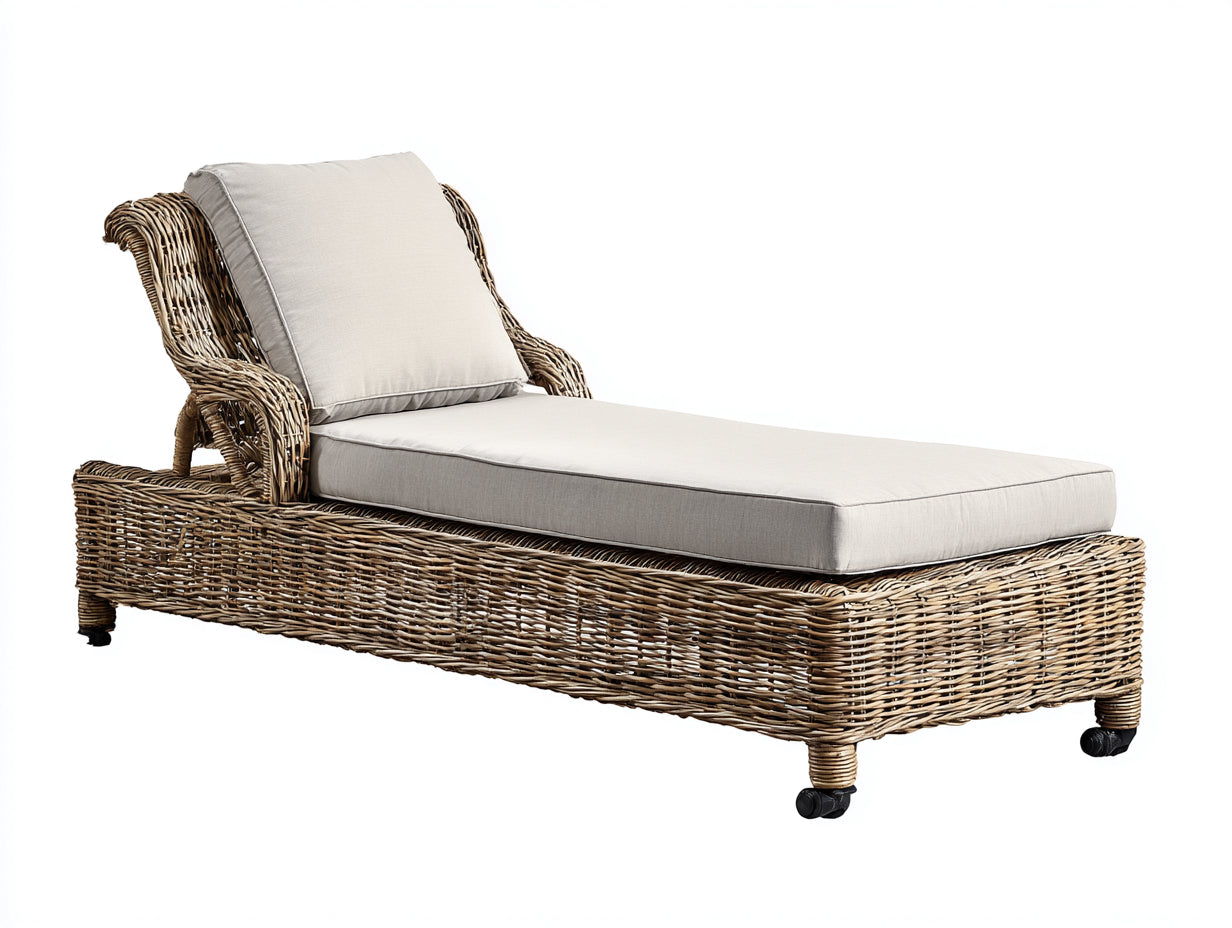 Lettino prendisole - Rattan sintetico-Legno-Tessuto - 204 x 79 x 91 cm - Marrone tortora-Beige chiaro - Stile classico con ruote