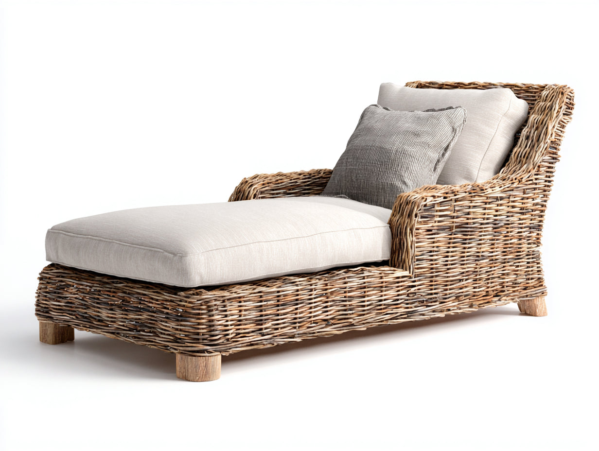 Lettino prendisole - Rattan-Legno-Tessuto - 194 x 87 x 85 cm - Marrone naturale-Beige chiaro - Stile rustico