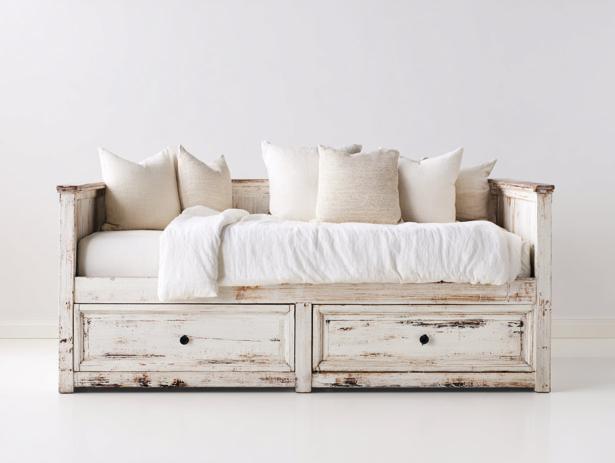 Divano letto - Legno-Tessuto - Lunghezza 200 cm x larghezza 95 cm x altezza 90 cm - Bianco - Stile rustico