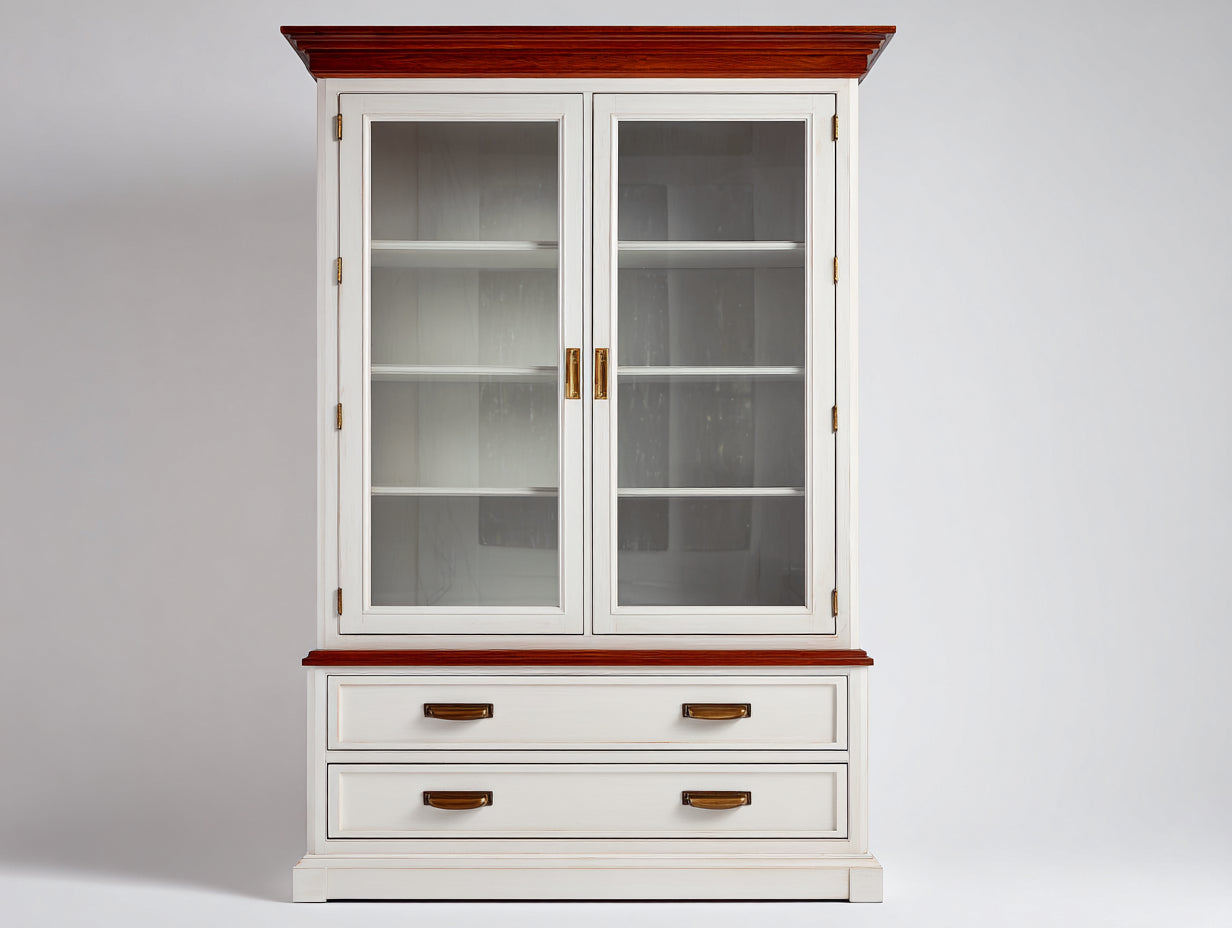 Vetrina-Legno-Vetro-110x42x190 cm-Bianco-Marrone-Stile classico
