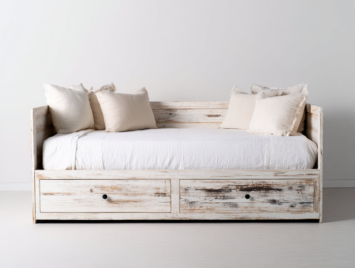 Divano letto - Legno-Tessuto - 200 x 95 x 88 cm - Bianco - Stile rustico