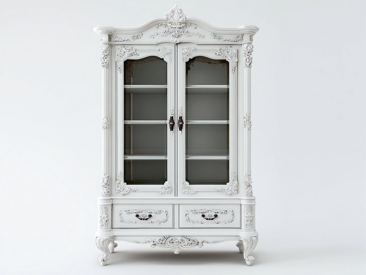 Vetrina-Legno-Vetro-130x45x205 cm-Bianco-Stile barocco
