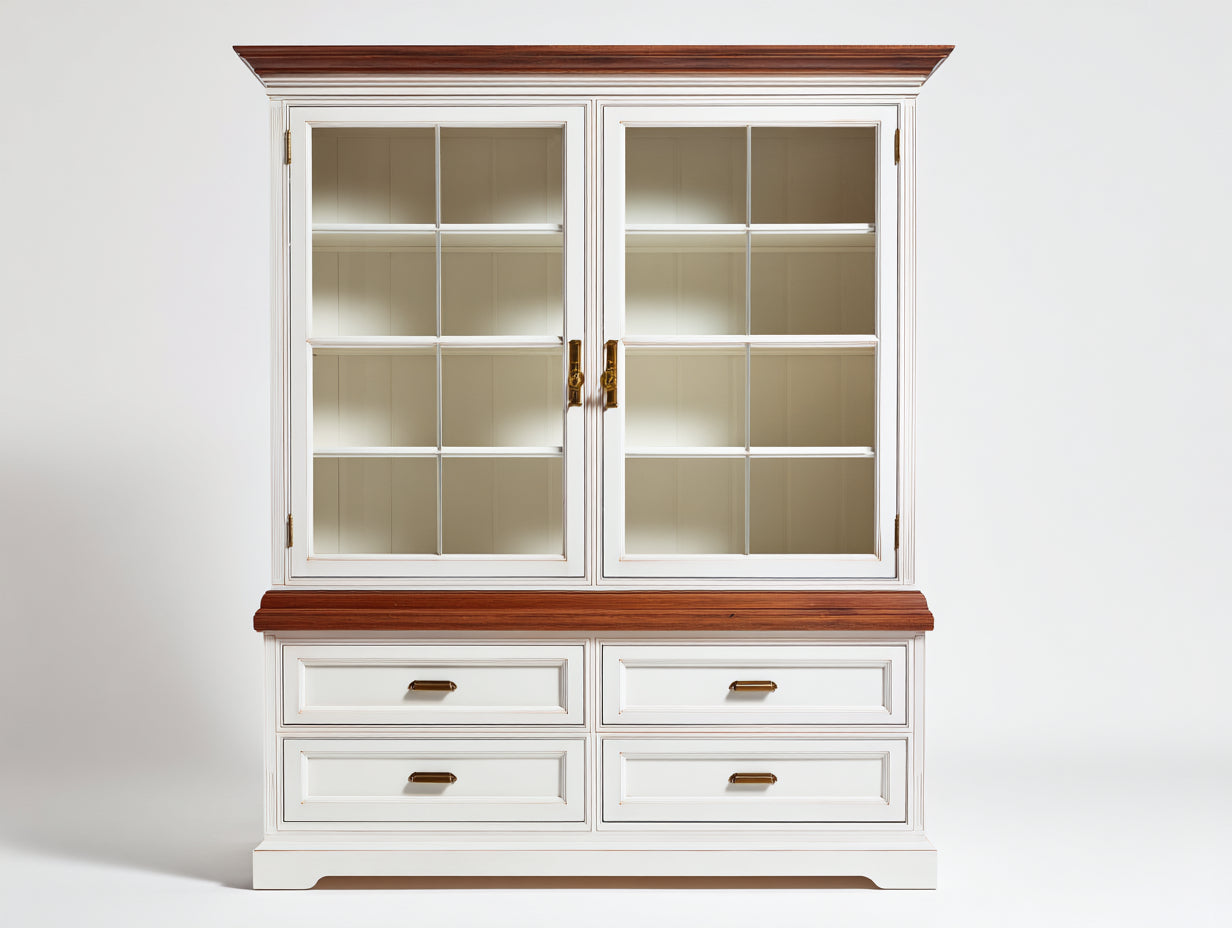 Vetrina-Legno-Vetro-140x45x190 cm-Bianco-Marrone-Stile classico