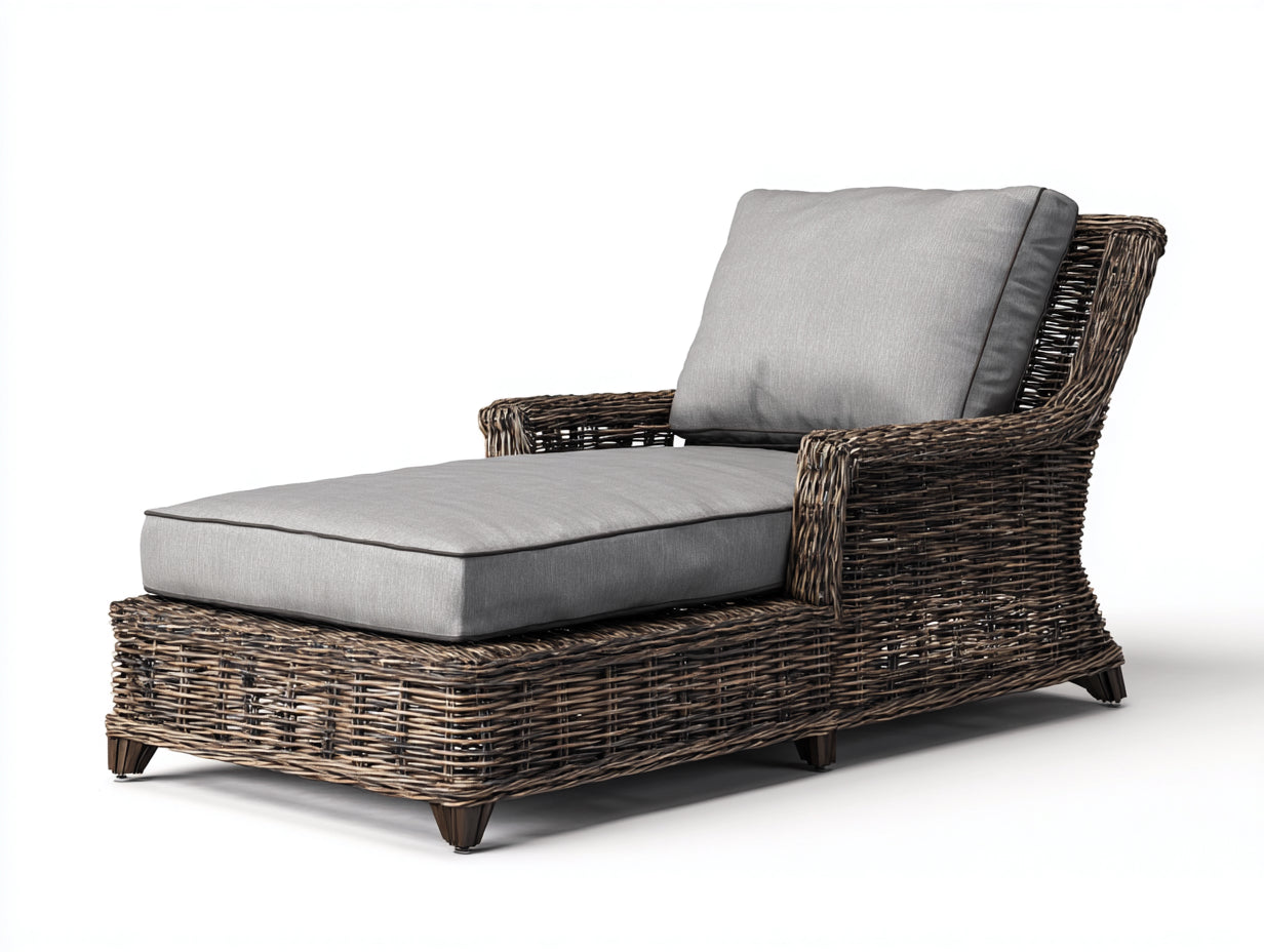 Lettino prendisole - Rattan-Legno-Tessuto - 197 x 88 x 83 cm - Marrone scuro-Grigio chiaro - Stile classico