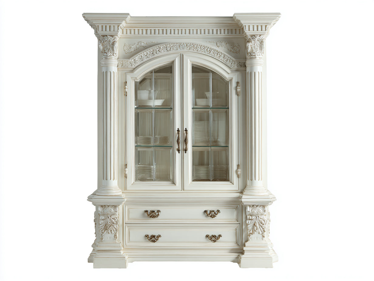 Vetrina-Legno-Vetro-135x50x205 cm-Bianco-Stile classico