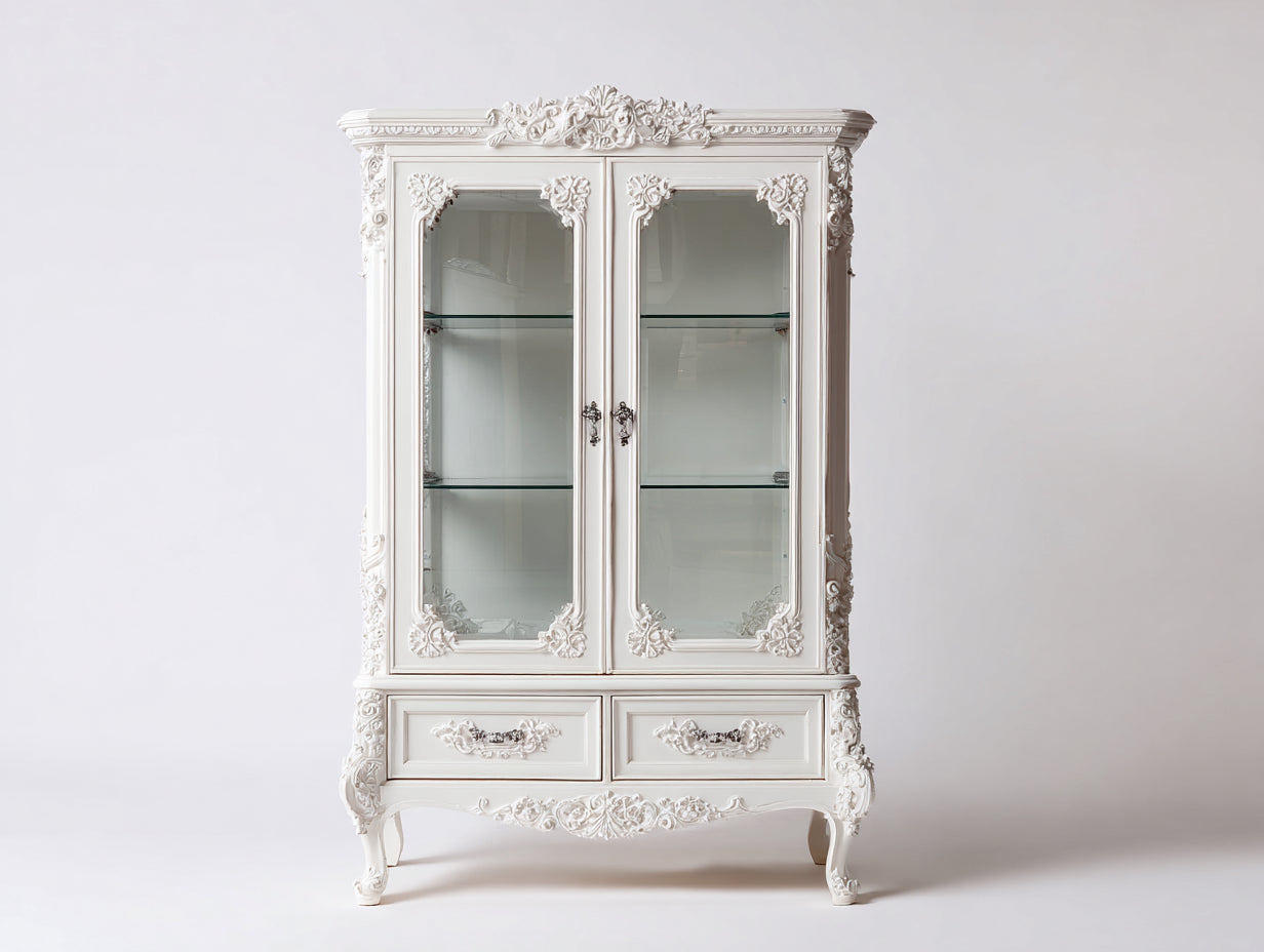 Vetrina-Legno-Vetro-120x45x200 cm-Bianco-Stile barocco