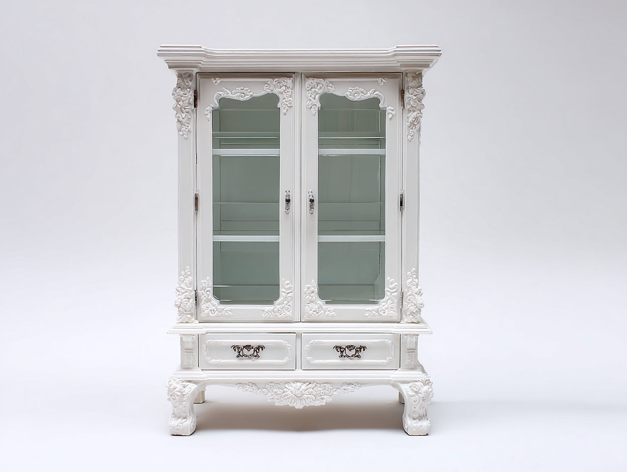 Vetrina-Legno-Vetro-125x45x200 cm-Bianco-Stile barocco